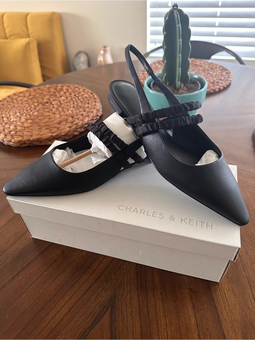 Charles & Keith Black Pointed Slingback Mules with Ruched Straps